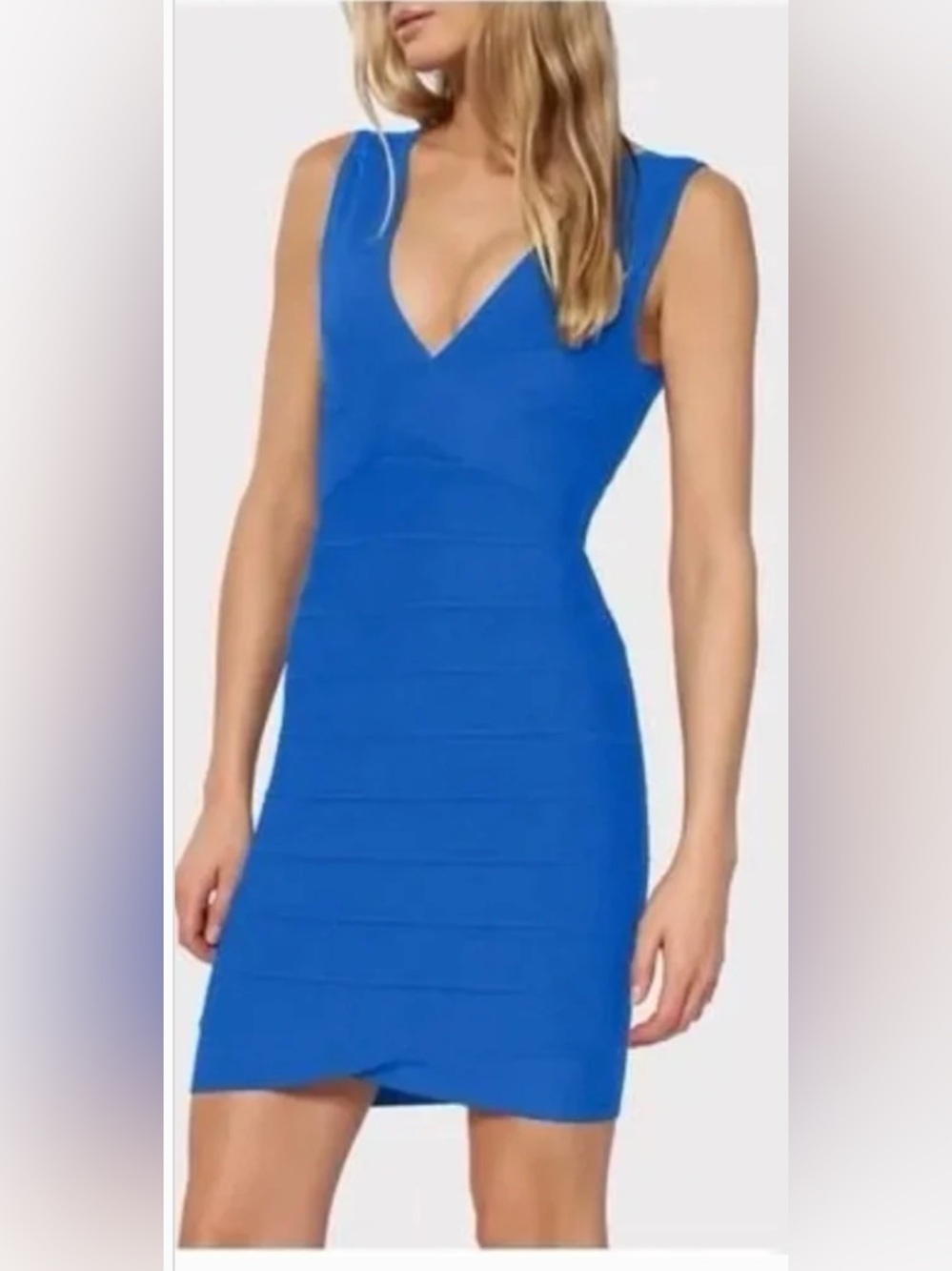 Herve Leger Bright  Blue V Neck Dress NWT